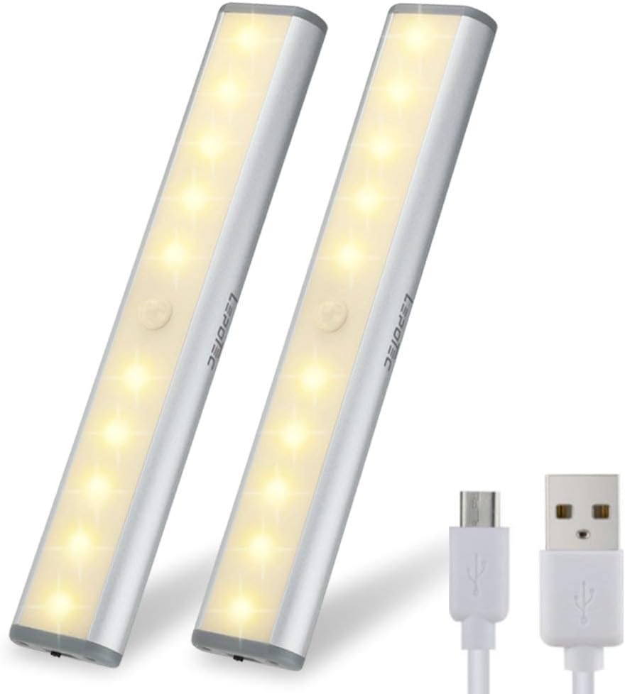Stick on Cabinet Light,Under Counter Lighting, Motion Sensor, 10 LED Wireless USB Rechargeable Kitchen Battery Operated for Wardrobe,Closets,Cupboard,Warm White-2Pack