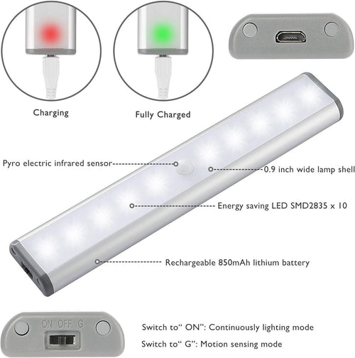 Stick on Cabinet Light,Under Counter Lighting, Motion Sensor, 10 LED Wireless USB Rechargeable Kitchen Battery Operated for Wardrobe,Closets,Cupboard,Warm White-2Pack