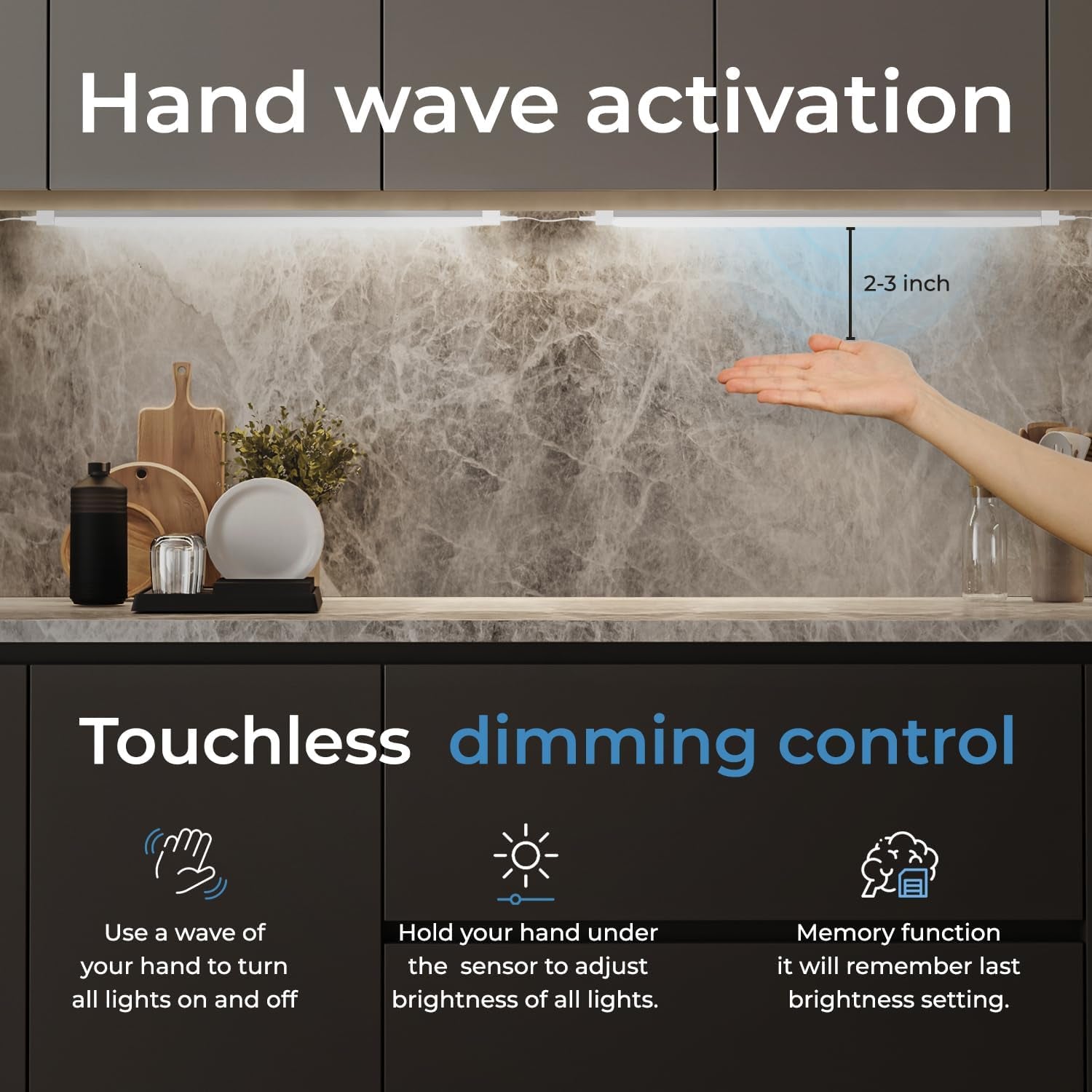 Hand Wave Activated under Cabinet LED Lighting Kit, Dimmable, 3-Pack 12 in - Touchless Dimming Control, White under Counter Lights for Kitchen, Garage, Office, Desk - Warm White (3000K)